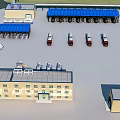 Industrial Factory Building Complex With Blue Roof Structures Parked Trucks And Solar Panels