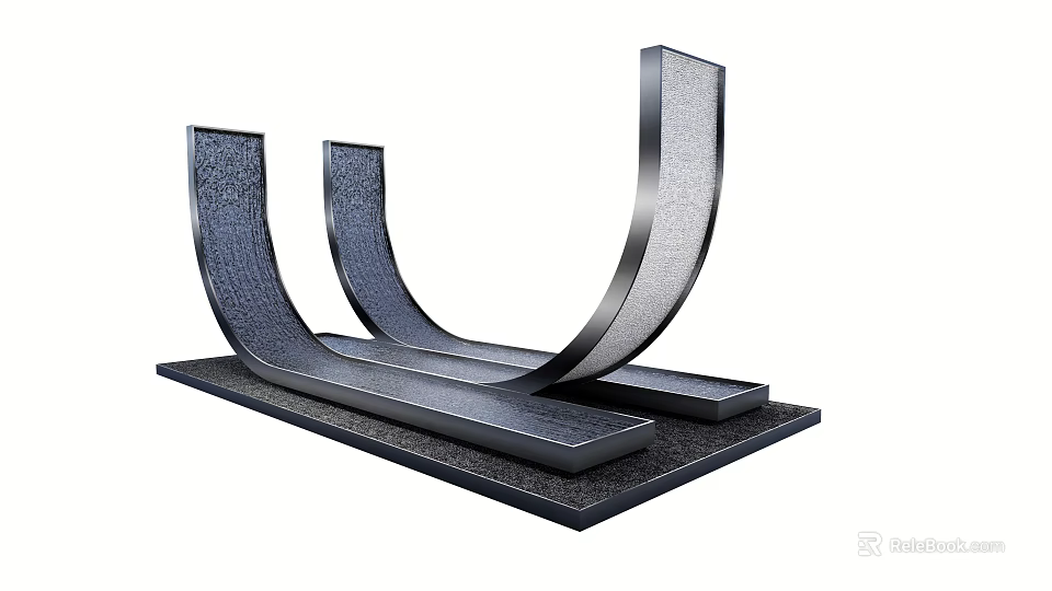 Modern Landscape Sculpture With Three Curved Metal Structures And Textured Base 3d model 
