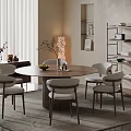 Quiet Ancient Style Dining Table and Chair Combination Round Solid Wood Dining Table Dining Chair Six-person Storage Rack Sideboard Vase Decoration Floor Lamp 3d model