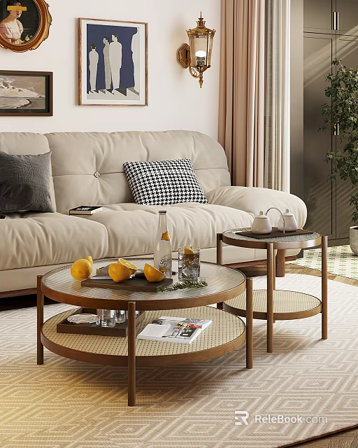 Modern Living Room With Round Coffee Table Wooden Metal Frame Lemon Tray Magazines And Glasses 3d model 