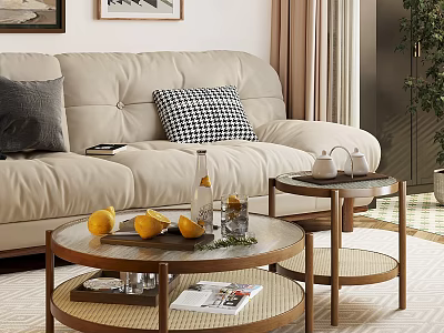 Modern Living Room With Round Coffee Table Wooden Metal Frame Lemon Tray Magazines And Glasses 3d model