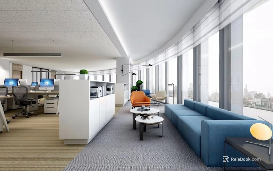Modern Office Lounge Area Interior Design With Blue Sofa Coffee Table And Green Plants 3d model 