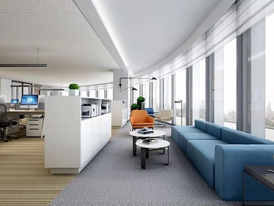 Modern Office Lounge Area Interior Design With Blue Sofa Coffee Table And Green Plants 3d model