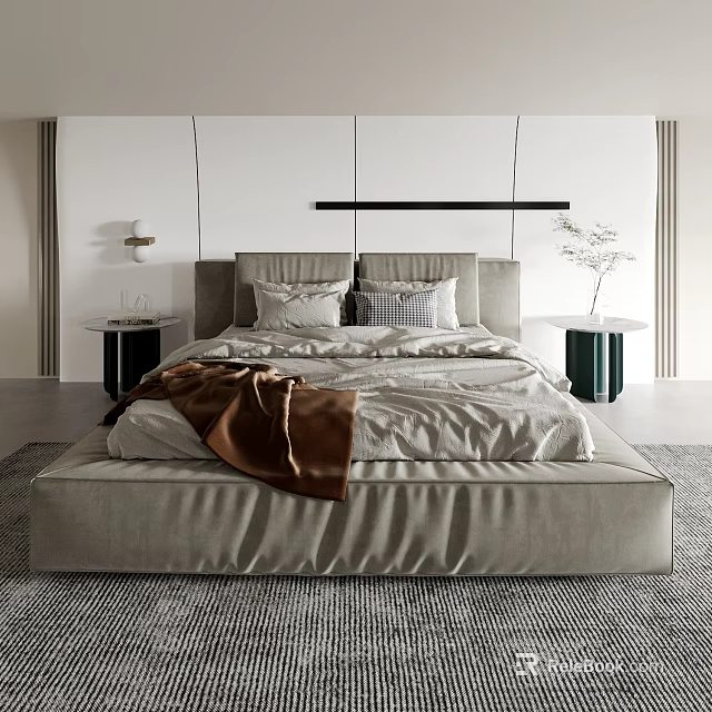 Modern Double Bed Interior with Upholstered Headboard Linen Bedding and White Wall with Black Trim 3d model 