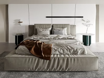 Modern Double Bed Interior with Upholstered Headboard Linen Bedding and White Wall with Black Trim 3d model