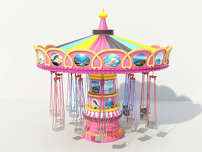 Pink Swing Carousel Amusement Park Ride With Hanging Seats And Colorful Decorations 3d model