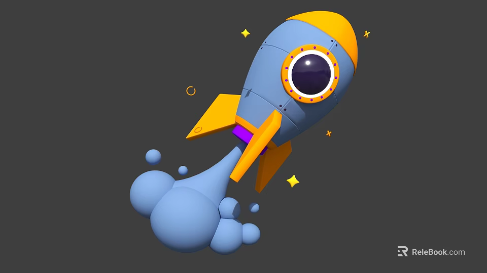 Fun Rocket Themed Photo Spot 3D Blue Yellow Design With Stars And Smoke 3d model 
