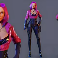 Stylish Game Character With Purple Hair Pink Leather Jacket Black Bodysuit Gloves And Utility Belt