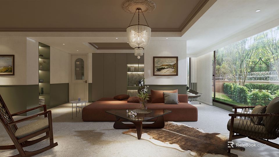 Living and Dining Room Interior With Chandelier Brown Sofa Glass Coffee Table and Garden View Window 3d model 