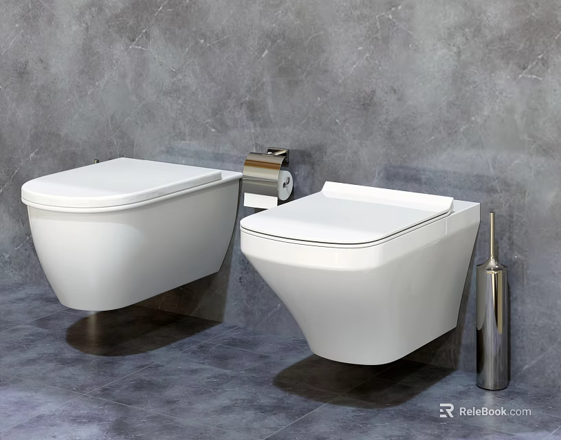 Modern White Wall Mounted Toilets in Bathroom with Toilet Paper Holder and Metal Bottle 3d model 