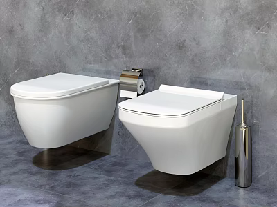 Modern White Wall Mounted Toilets in Bathroom with Toilet Paper Holder and Metal Bottle 3d model