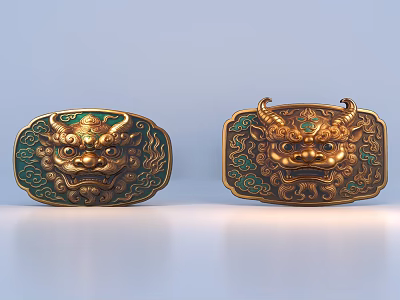Gold Green Decorative Ornament Set With Dragon Lion Head Intricate Patterns And Oval Square Shapes 3d model