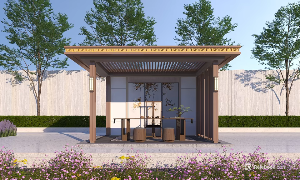 Wooden Landscape Pavilion With Decorative Roof Surrounded By Trees And Purple Yellow Flowers 3d model 
