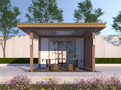 Wooden Landscape Pavilion With Decorative Roof Surrounded By Trees And Purple Yellow Flowers 3d model