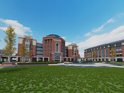 Red Brick Multi Story School Building With Dome Lawn Fountain And Blue Sky 3d model