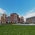 Red Brick Multi Story School Building With Dome Lawn Fountain And Blue Sky