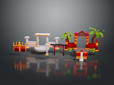 Traditional Chinese Scenery With Red Archways Palm Trees White Pillars And Decorations 3d model