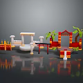 Traditional Chinese Scenery With Red Archways Palm Trees White Pillars And Decorations