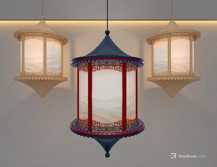 Chinese Style Octagonal Pendant Light With Red Frame Blue Top And Beige Lampshade 3d model 
