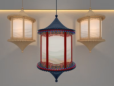 Chinese Style Octagonal Pendant Light With Red Frame Blue Top And Beige Lampshade 3d model