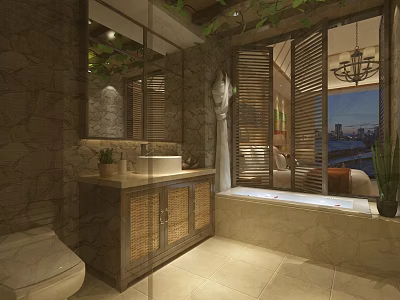 Hotel Guest Room Bathroom Featuring Stone Walls Wooden Cabinet Bathtub Shutter Windows And City View 3d model