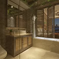 Hotel Guest Room Bathroom Featuring Stone Walls Wooden Cabinet Bathtub Shutter Windows And City View