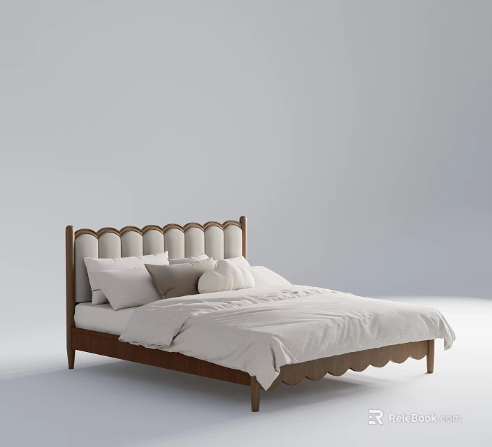 Minimalist Double Bed With Scalloped Headboard Wooden Frame And Light Colored Bedding 3d model 