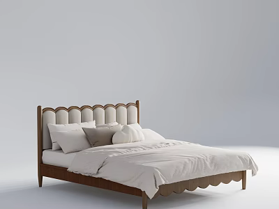 Minimalist Double Bed With Scalloped Headboard Wooden Frame And Light Colored Bedding 3d model