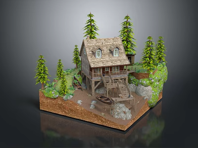 Cartoon Scene With Cozy Wooden Cabin Multiple Pine Trees Stone Stairs Green Grass And Rocks 3d model
