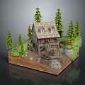 Cartoon Scene With Cozy Wooden Cabin Multiple Pine Trees Stone Stairs Green Grass And Rocks
