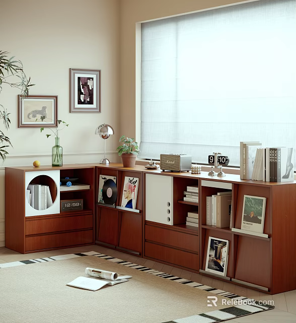 Wooden Bookcase with Books Photo Frames Plants Vinyl Records Table Lamp Window and Wall Art 3d model 