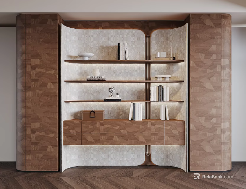 Modern Luxury Curved Wooden Decorative Cabinet With Built In Soft Lighting And Open Storage Shelves 3d model 