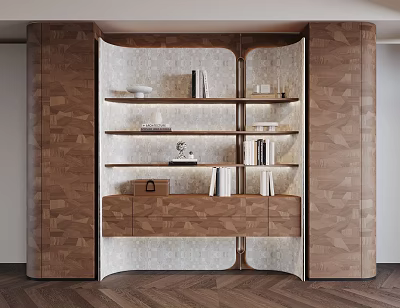Modern Luxury Curved Wooden Decorative Cabinet With Built In Soft Lighting And Open Storage Shelves 3d model