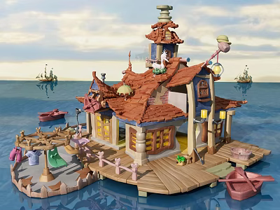 Cartoon Scenic Waterfront Hut With Red Roof Wooden Deck And Small Boats On Blue Ocean 3d model