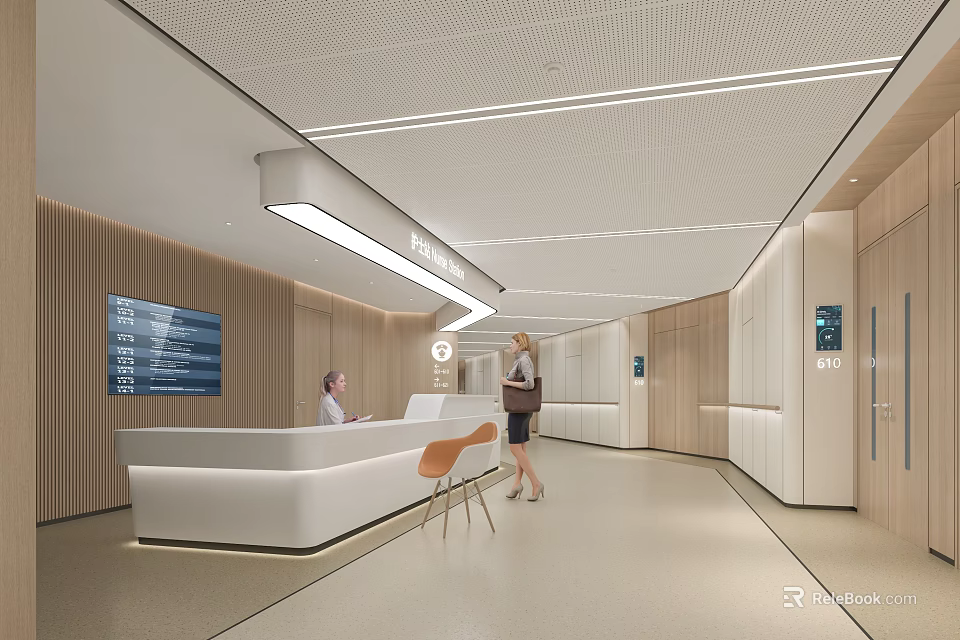 Modern Hospital Outpatient Reception Area With Wooden Walls And Staff Assistance 3d model 