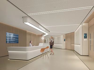 Modern Hospital Outpatient Reception Area With Wooden Walls And Staff Assistance 3d model