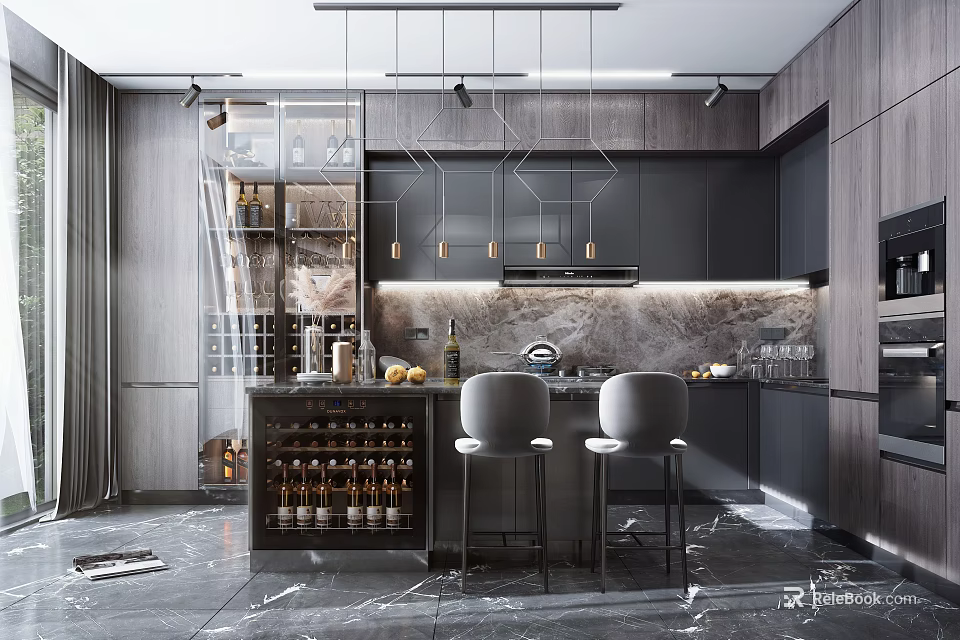 Modern Open Concept Kitchen Interior Design With Island Counter And Cabinets 3d model