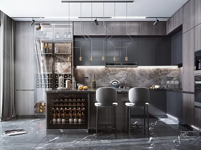 Modern Open Concept Kitchen Interior Design With Island Counter And Cabinets 3d model