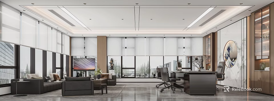 Modern Office Interior With Large Windows Roller Blinds Sofa Area Work Desk And Plants 3d model