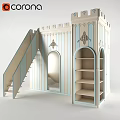 Castle Themed Kids Bed with Staircase Mirror and Blue White Striped Open Shelves