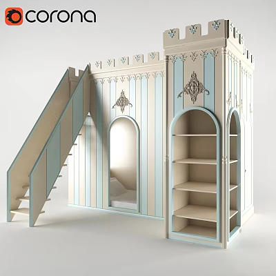 Castle Themed Kids Bed with Staircase Mirror and Blue White Striped Open Shelves 3d model