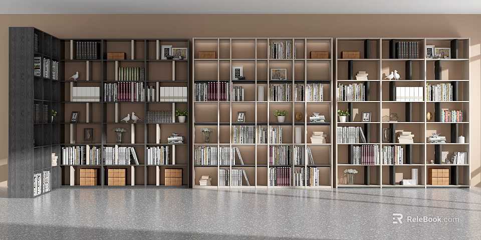 Modern Bookcase With Multiple Shelves Holding Books Decorations And Green Plants 3d model 