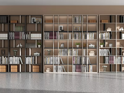 Modern Bookcase With Multiple Shelves Holding Books Decorations And Green Plants 3d model
