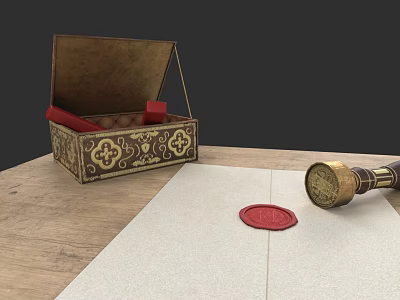 Decorative Engraved Box With Red Wax Seal Carved Patterns And Seal Stamp On Table 3d model