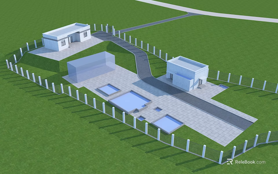 Modern Industrial Factory Building Complex With Green Lawn Fencing Paved Pathway And Open Areas 3d model 