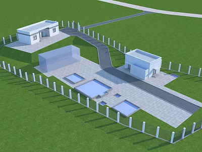 Modern Industrial Factory Building Complex With Green Lawn Fencing Paved Pathway And Open Areas 3d model