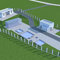 Modern Industrial Factory Building Complex With Green Lawn Fencing Paved Pathway And Open Areas