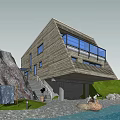 Modern Detached Villa By Waterfront With Green Lawn Rock Wooden Facade Large Windows And Balcony
