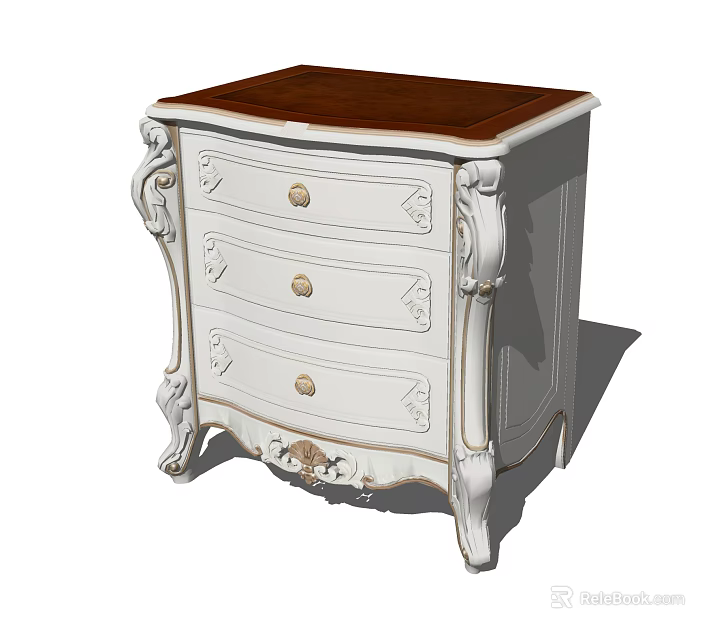 Classic Nightstand Design With Vintage Carved Details Three Drawers And Wooden Top 3d model 