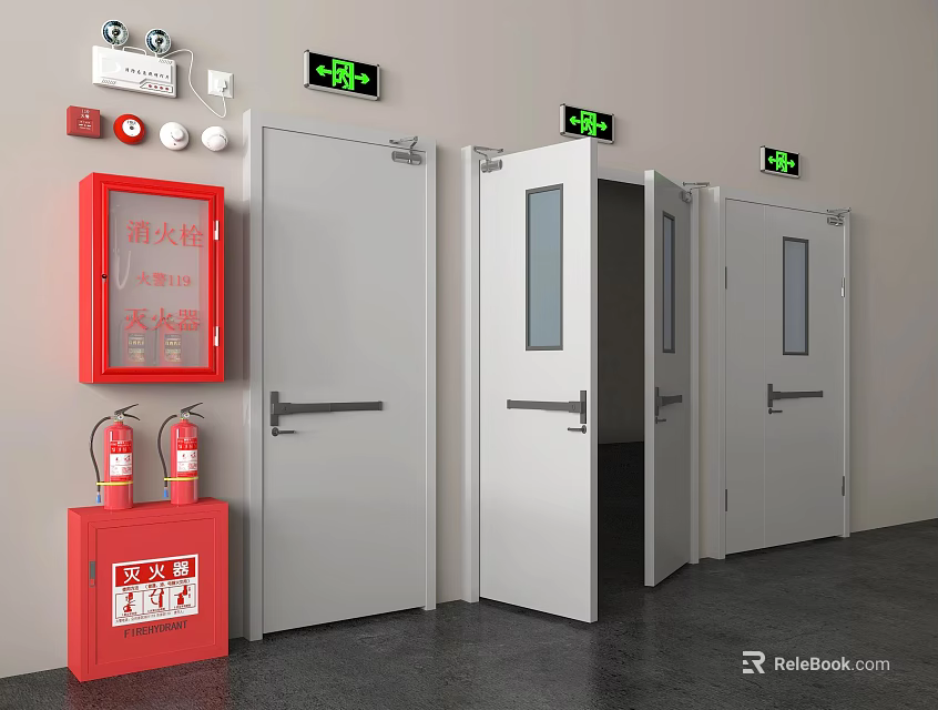 Fire Safety Equipment With Extinguishers Hydrant Cabinet And White Glass Exit Doors 3d model 